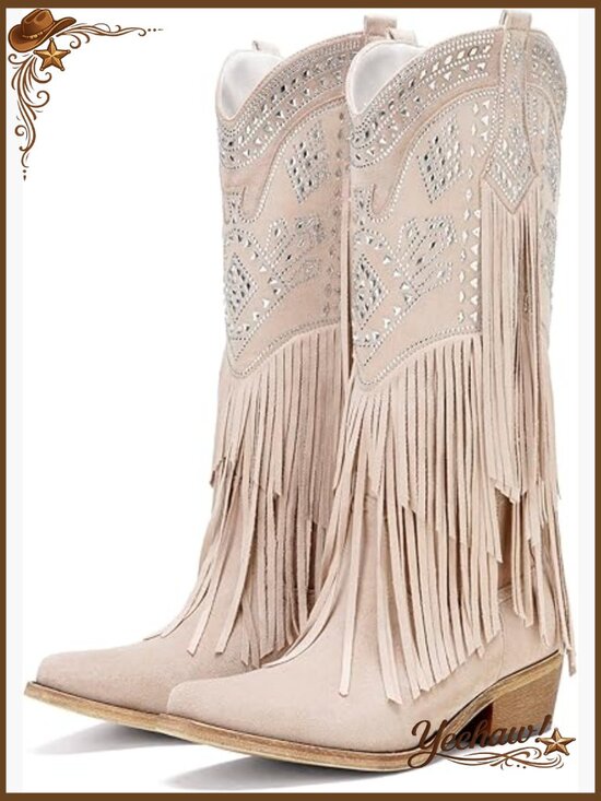 Shoes - Knee High Western Boots with Rhinestone Fringe Chunky Heel Pointed Toe